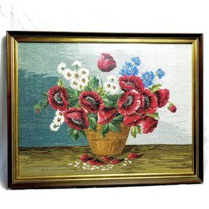 Poppy Daisy Bachelor Button NeedlePoint Floral Still Life Vtg MCM Framed 25 x32”